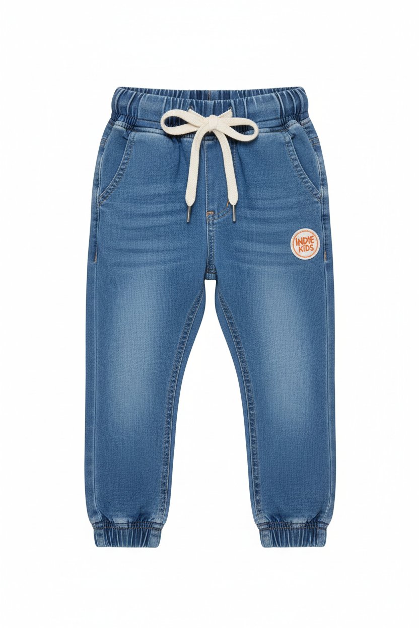 Kids Blue Denim Jogger Pants front view