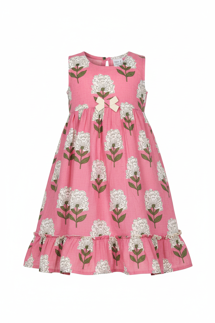 Kids Pink Floral Cotton Frock front view