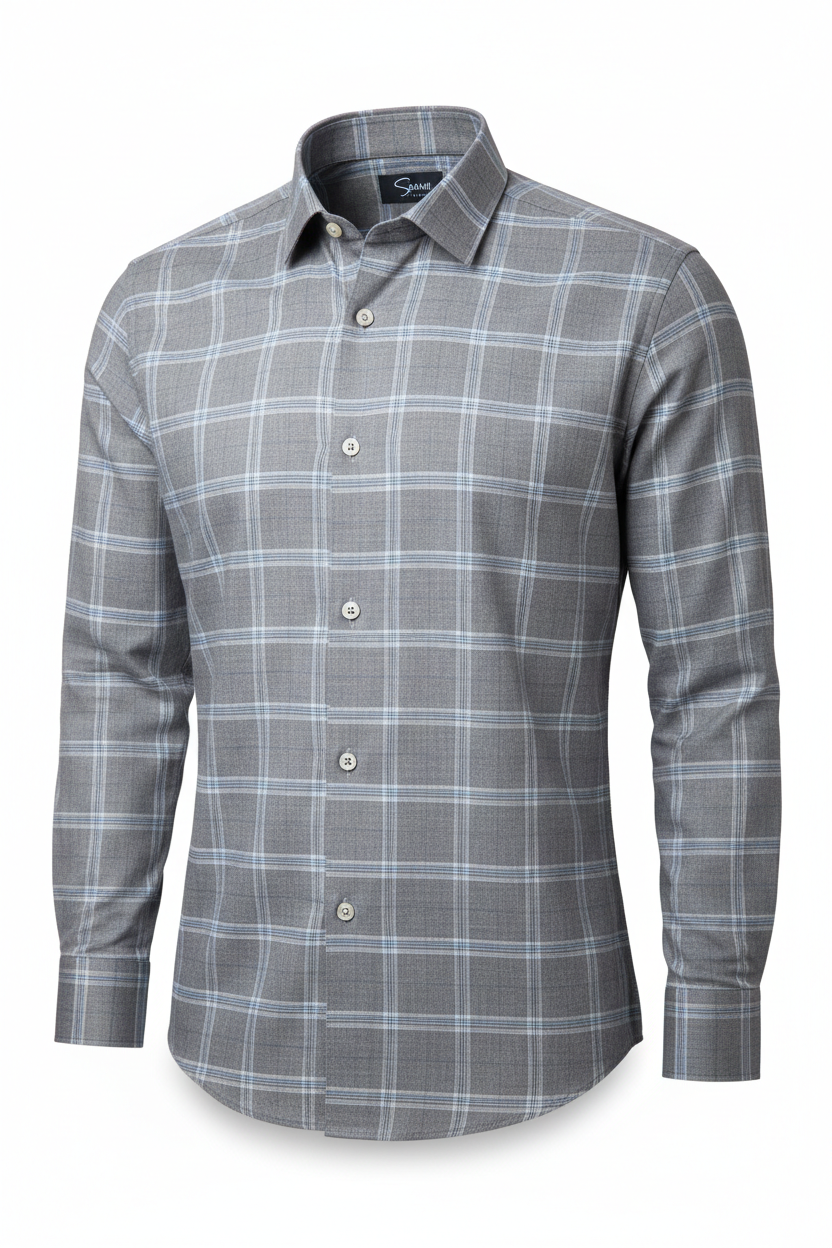 Smart Casual Grey Chequered Shirt front view